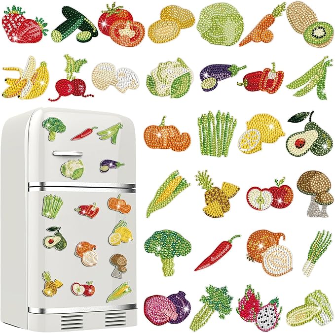 30 Pcs Diamond Art Painting Magnets Kits Vegetables Magnetic Fridge Diamond Art Painting Kits Cute Small Fridge Magnet 5d Round Full Drill Gem DIY Craft Paint by Dots for Adult Beginner Gifts Home