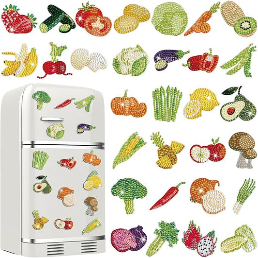 30 Pcs Diamond Art Painting Magnets Kits Vegetables Magnetic Fridge Diamond Art Painting Kits Cute Small Fridge Magnet 5d Round Full Drill Gem DIY Craft Paint by Dots for Adult Beginner Gifts Home