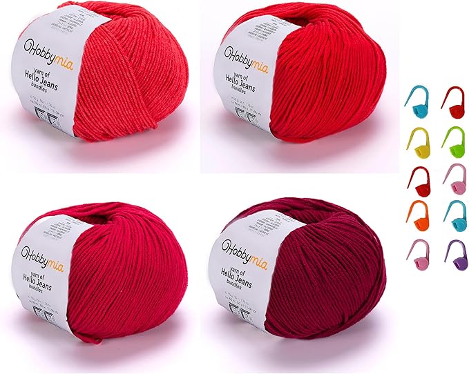 Cotton Yarn Kit - 4 Multicolor Balls Soft Sport Weight Yarn for Crochet & Amigurumi - 50g / 175yds Each & 10 Stitch Markers (H19 - Red)