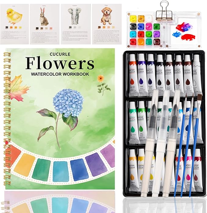 Watercolor Workbook, Water Coloring Book, 24 Colors Watercolor Paint Set with Palette and Brush, 12 Different Patterns of Original DIY Designs, Beginner-Friendly Water Color Workbook (Flowers 1)