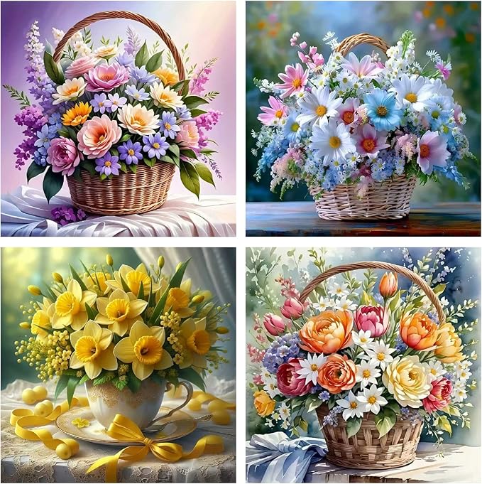 askkqtx 4 Pack Flowers Diamond Art Kits for Adults, Floral Basket Diamond Painting Kits for Beginners, DIY 5D Round Full Drill Crystal Diamond Dots Rhinestone Gem Art Craft Home Decor 12x12 Inch