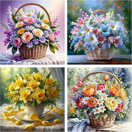 askkqtx 4 Pack Flowers Diamond Art Kits for Adults, Floral Basket Diamond Painting Kits for Beginners, DIY 5D Round Full Drill Crystal Diamond Dots Rhinestone Gem Art Craft Home Decor 12x12 Inch