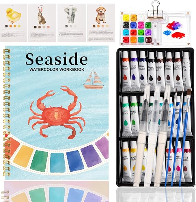 Watercolor Workbook, Water Coloring Book, 24 Colors Watercolor Paint Set with Palette and Brush, 12 Different Patterns of Original DIY Designs, Beginner-Friendly Water Color Workbook (Seaside 1)