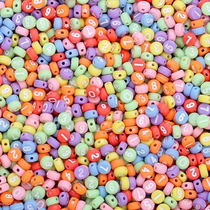 LAIDANLA 1000PCS Acrylic Number Beads White Number Colorful Round Bead 7×4mm for Jewelry Bracelets Necklaces Key Chains Making