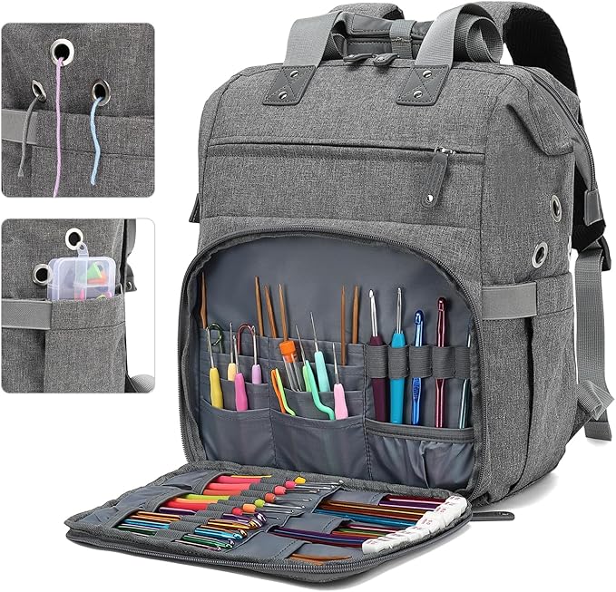 LTINVECK Crochet Backpack,Knitting Bag Backpack Yarn Storage Organizer Travel Crochet Bag,Large Yarn Tote Bag Yarn Holder Case for Knitting Needles,Crochet Hooks,Crochet Accessories,Grey