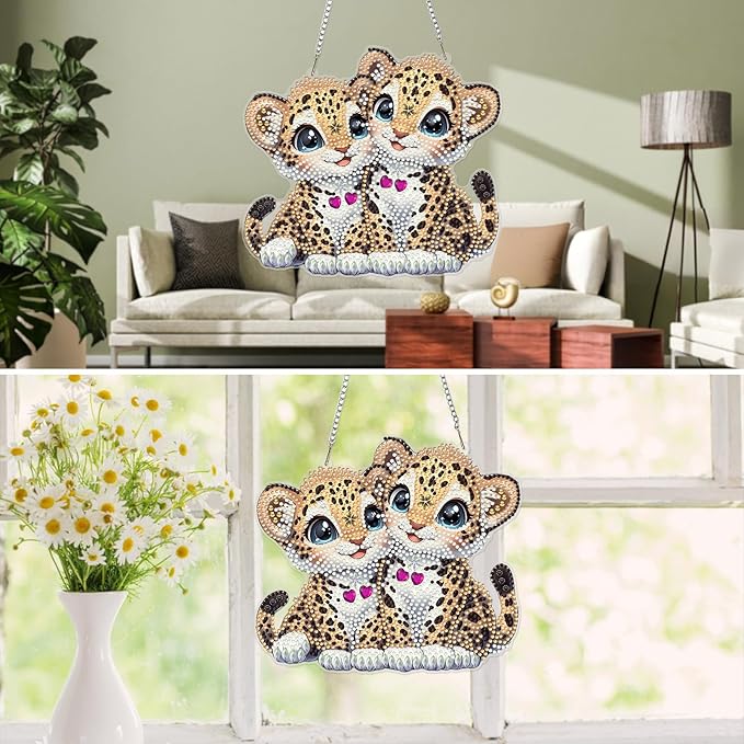 MXJSUA Two Leopard Diamond Art Hanging Kits for Adults Beginners, DIY Acrylic Special Shaped Crystal Diamond Gem Drills Pendant Art Painting Ornament for Home Wall Decor Gift 8x8 inch