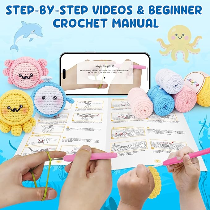 WaldyWop Crochet Kit for Beginners: 3PCS Crochet Animal Kit w/Stress Balls, Step-by-Step Video Tutorials - Wobbles DIY Craft Knitting Kit for Adults - Gifts for Teen Women (Dolphin, Octopus, Axolotl)