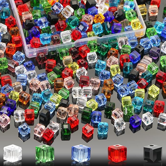 LIYDE 100 Pcs 8mm Cube Crystal Glass Beads for Jewelry Making, Square Crystal Beads with Box, Crystal Spacer Beads for DIY Craft Bracelets Charms Wind Chimes (Multicolor), Medium