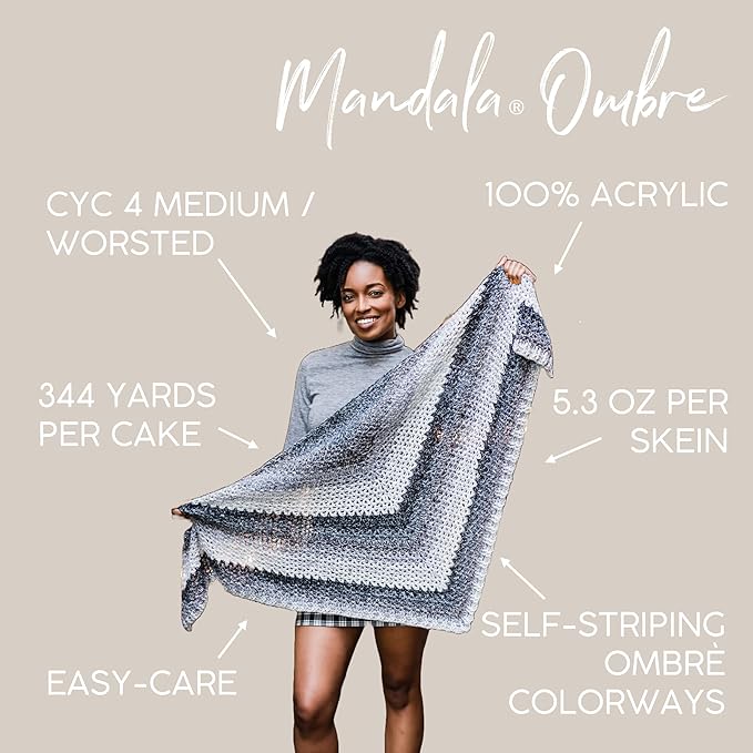 Lion Brand Yarn, Mandala Ombré Variegated Yarn for Crocheting, Knitting, and Crafts, Serene, 3 Pack, Soft, Acrylic Fiber for Cozy Blankets, Worsted Weight Sweaters and Colorful Shawls