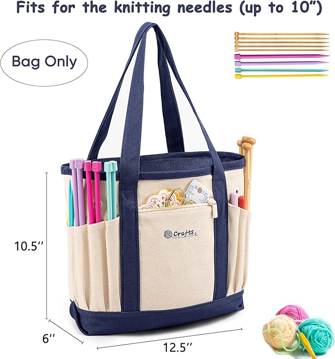 Canvas Yarn Storage Organizer Bag Washable Crochet Bag with Pockets for Yarn, Hooks, Needles – Travel Knitting Tote for Crafters – Gift for Crocheters & Knitters (Medium/Large)