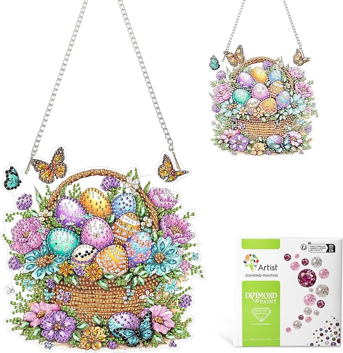 MAXBYE Easter Hanging Diamond Art Kits for Adults Colorful Eggs with Butterflies, Special Crystal Double Sided Pendant DIY Diamond Art Painting Kits for Beginners Gift Wall Home Decoration 8×12Inch