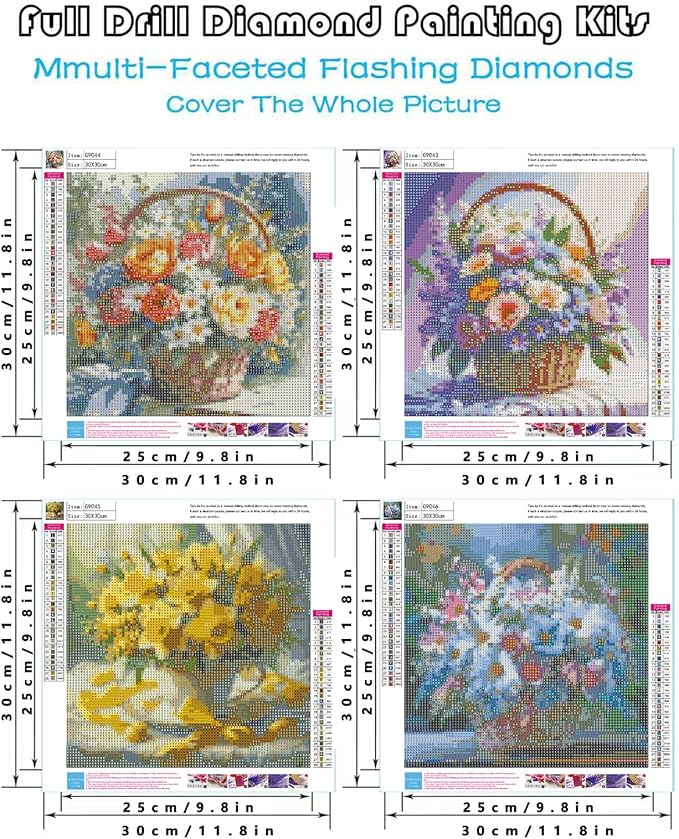 askkqtx 4 Pack Flowers Diamond Art Kits for Adults, Floral Basket Diamond Painting Kits for Beginners, DIY 5D Round Full Drill Crystal Diamond Dots Rhinestone Gem Art Craft Home Decor 12x12 Inch