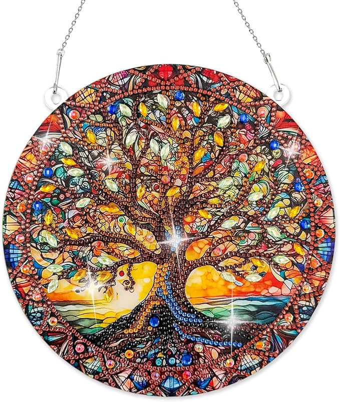 Diamond Art Hanging Kit for Adult, Painting Hanging Ornament Kit, Special Shaped Rhinestone,DIY Acrylic 5D Diamond Art Window Pendants Home Garden Wall Kits Hanging,Double Sided (Lifetree)