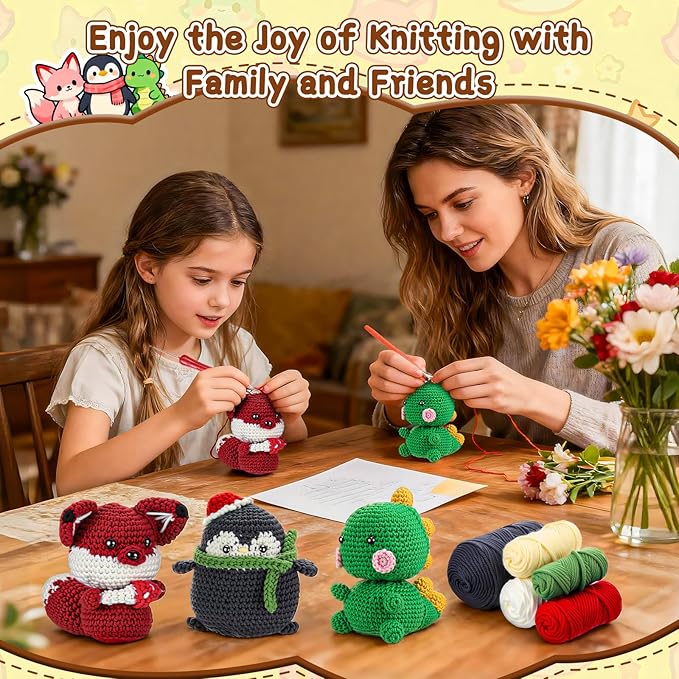 Crochet Kit for Beginners Kids - 3 Pack Animal Beginner Crochet Kit for Kids Adults Teens, Amigurumi Craft Knitting Supplies Set with Step-by-Step Video Tutorials, DIY Crocheting Gifts for Crocheters
