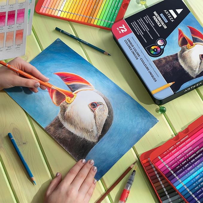 ARTEZA Watercolor Pencils, Set of 72, Water-Soluble Colored Pencils with 4 mm Break-Resistant Core, Pre-Sharpened Tips, and Metal Storage Tin for Blending, Layering, and Wet or Dry Techniques