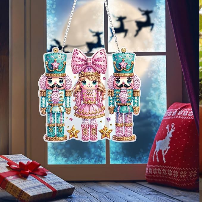 Bowetile Christmas Diamond Art Hanging Kits for Adults, Diamond Art Suncatchers Nutcracker, 5D Special Shape Diamond Painting Pendant Window Ornament Christmas Gifts for Home Door Wall Decor