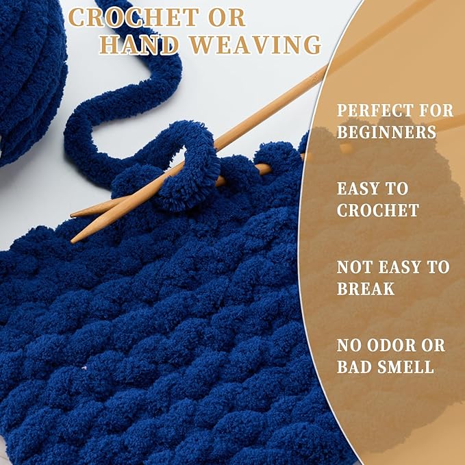 Chunky Chenille Yarn for Crocheting/Arm Knitting, Super Soft Jumbo Knit Blanket Yarn Navy 2 Pack (32 yds, 8.5 oz Each Pack)
