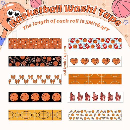 Sports Theme Washi Tape - Basketball Hoop Net Heart Bow Pattern Premium Acid Free Repositionable Adhesive Paper for Scrapbooking Gift Wrapping Journaling DIY Crafts Sports Fan Supplies