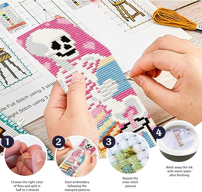 ACRNIGHEET 6PCS Cross Stitch Kits Stamped Cross Stitch Bookmark Kit for Beginner Adults Skull Reading Embroidery Bookmark Kit Needlepoint Kits with Instructions Book Lovers Craft Gift 8.5''x3'' 11CT