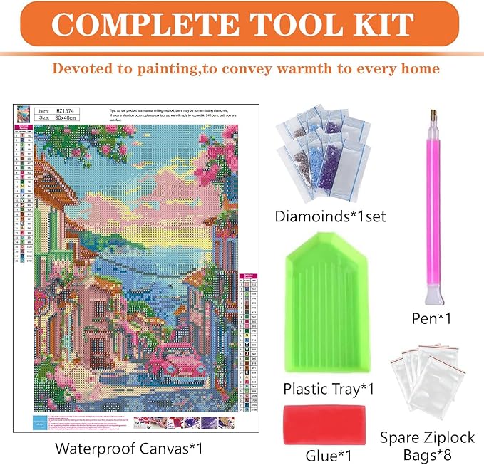 igoodom Diamond Art Kits for Adults, Beach City Diamond Painting Kit, Full Drill Round Diamond Art Kits, DIY Gem Art and Crafts for Home Wall Decor Gift 12x16inch
