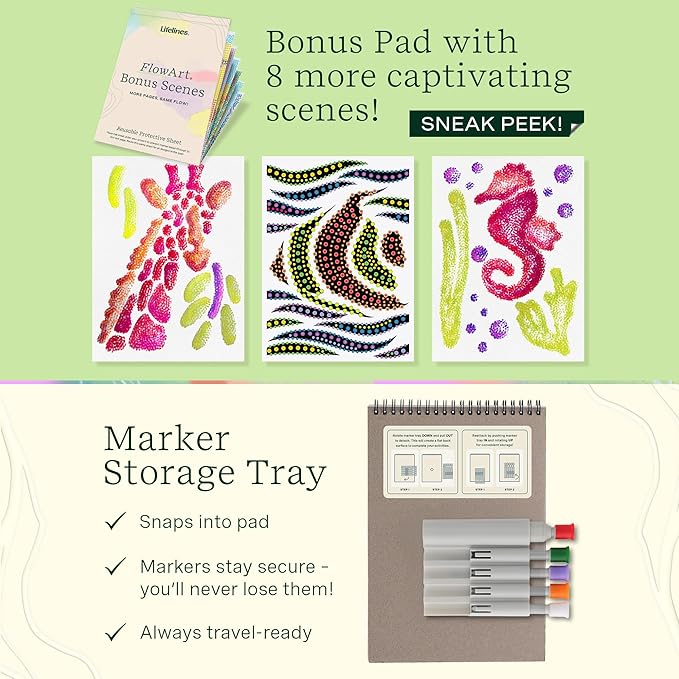 Lifelines FlowArt Activity Pads, 2-Pack & Bonus Pad - Guided Art Meditations - 2 Sets of Markers & 48 Scenes - Dot-Pop and Pogo-Dot Coloring Books for Tweens, Adults & Seniors