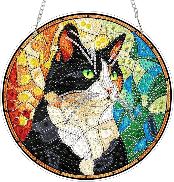 MXJSUA Diamond Art Hanging Kits for Adults Beginners, Stained Glass Cat DIY Acrylic Special Shaped Crystal Diamond Gem Art Pendant Drills Painting Ornament for Home Wall Decor and Gift