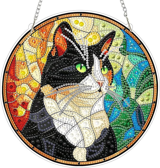 MXJSUA Diamond Art Hanging Kits for Adults Beginners, Stained Glass Cat DIY Acrylic Special Shaped Crystal Diamond Gem Art Pendant Drills Painting Ornament for Home Wall Decor and Gift