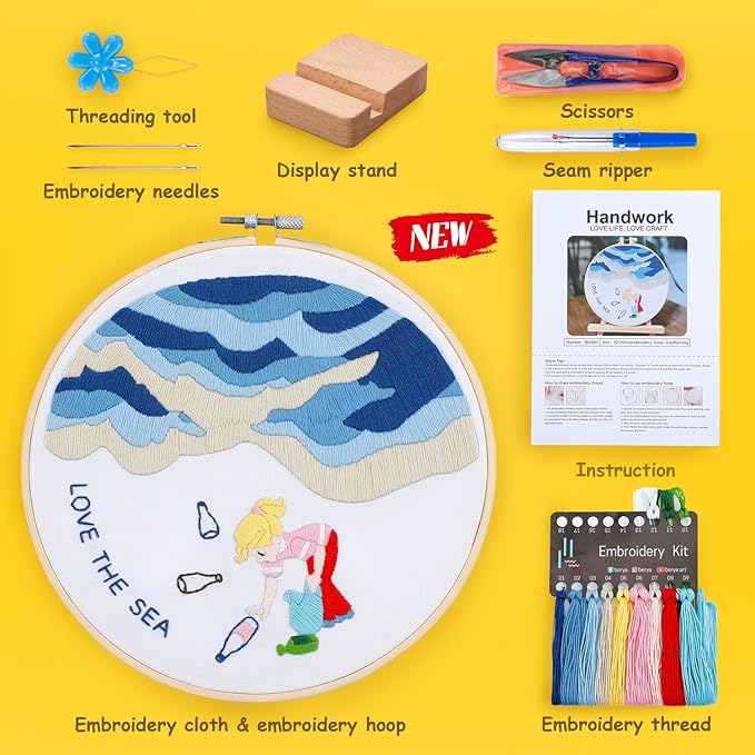 BERYA Embroidery Kit for Adult Beginners, Sea Embroidery Kit with Step-by-Step Instructions and Video, Printed Cloth, 7.87" Hoop, Display Stand, Color Threads and Tools for Craft Lover(BEH001)