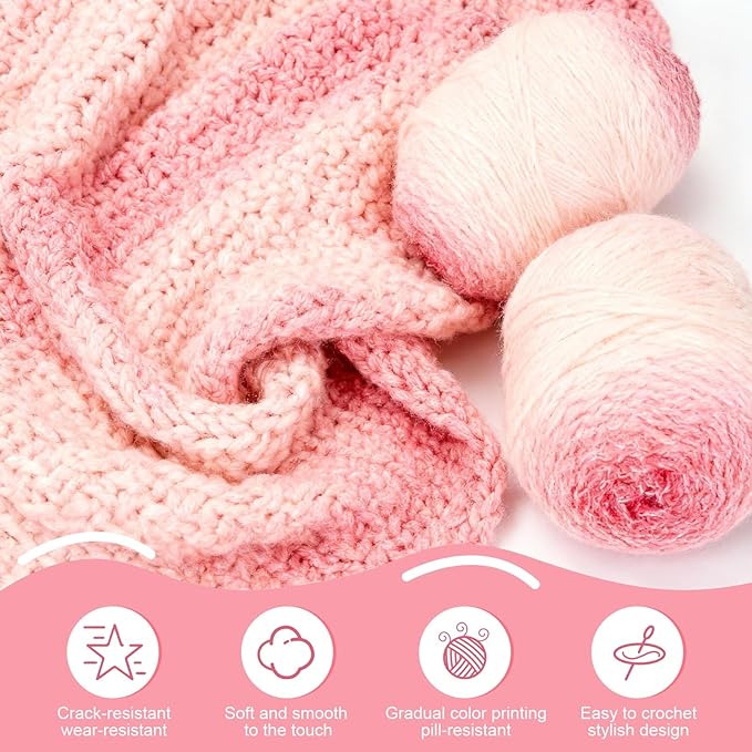 3 Pack Ombre Yarn for Crocheting, 80g/2.65oz Fluffy Soft Acrylic Gradient Yarn Cakes, #4mm Hook, Large Cloud Feel Yarn for Beginner Knitting, Star Blanket, Scarf, Shawl Garment DIY Crafts (Pink)