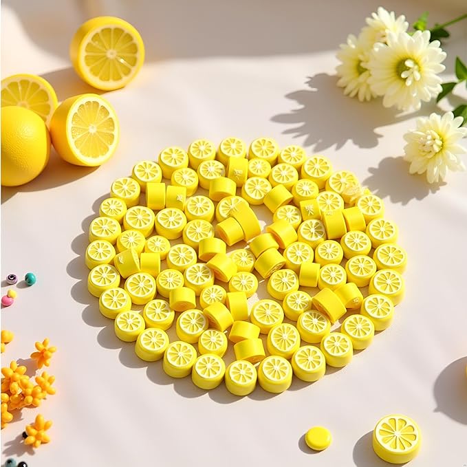 200Pcs Yellow Lemon Polymer Clay Beads,10mm Fruit Charm Spacer Beads for Jewelry Making,Necklace, Earring and Bracelet DIY Craft Supplies,Flat Bead, Summer Jewelry Kits and Fruit Theme Accessories