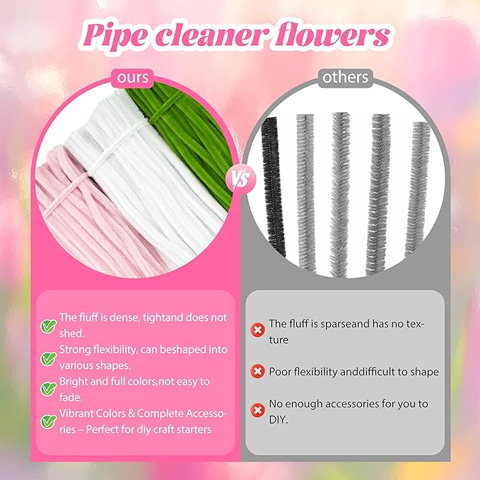 300 Pcs Thick Pipe Cleaners,Craft Supplies Floral Bonquet,DIY Flower Making Kit for Starter with Floral Wires, Gardening Tape,Stamen (Pink+White+Green)