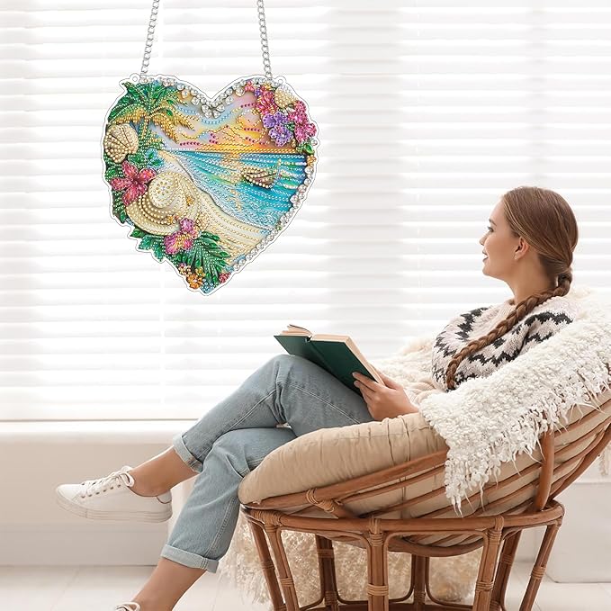 Bimkole Beach Diamond Art Hanging Kit for Adult, DIY 5D Diamond Art Landscapes Window Pendant, Acrylic Crystal Art Hanging Ornament Home Wall Garden Front Door Sign Outdoor Decor 7.8x7.8 Inch