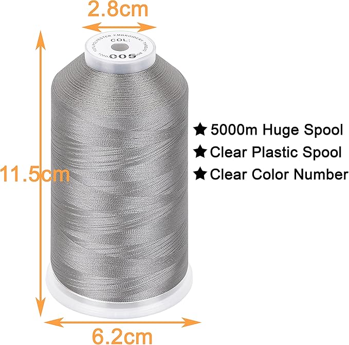 New brothread - 2 Huge Spools 5000M Each Polyester Embroidery Machine Thread 40WT for Commercial and Domestic Machines - Silver