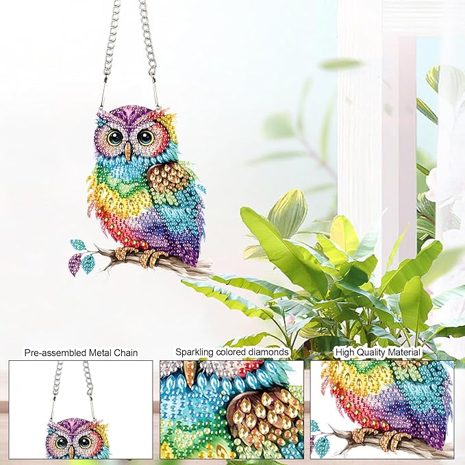 Animal Colorful Owl DIY Diamond Painting Pendant Kit - Acrylic Rhinestone Round Diamond Art, Special Shaped Window & Wall Hanging Decoration for Home & Garden Gift