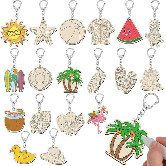 Trnayi 36 Pcs Summer Unfinished Wooden Keychains Color Your Own Beach Fruit Keychains Tropical Hawaiian Luau Blank Wood Painting DIY Crafts for Summer Party Activities Arts Project Decor