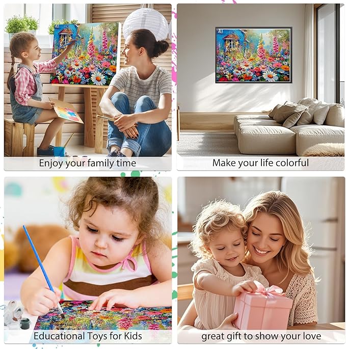 EOBROMD Framed Paint by Numbers Kits for Adults - Wooden Easel, Flowers DIY Acrylic Paint by Number on Stretched Canvas, Painting Kits Adults Oil by Numbers for Home Decor 14x10 Inch