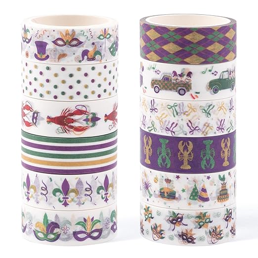 Mardi Gras Washi Tape - 12 Rolls Waterproof Residue Free Adhesive with Masks Crowns Beads in Traditional Purple Green Gold for Scrapbook, Gift Wrapping, Journal Decor, Party Supplies