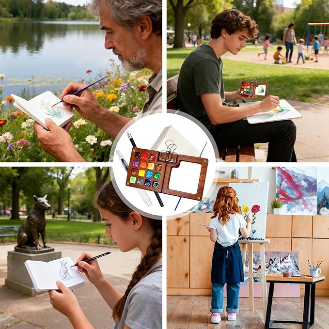 Mini Watercolor Travel Set for Beginners 24 Color Portable Watercolor Paint Set with Walnut Wood Palette Water Brush & Sketchbook Compact Travel Art Supplies for Artists beginner & Painters