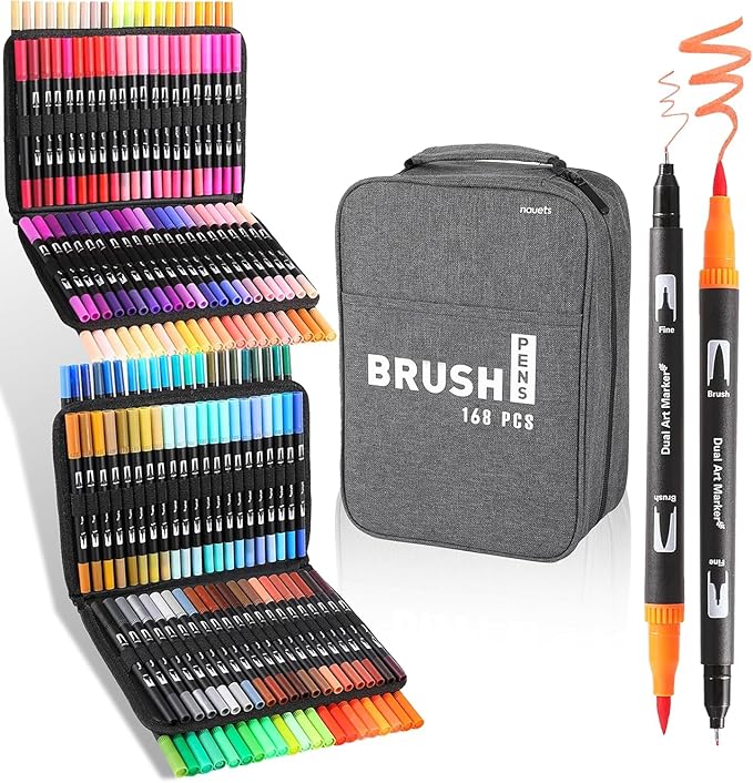 168 Colors Brush & Fine Dual Tip Watercolor Markers Set Coloring Books No Bleeding Paint Pens For Drawing Note taking Planner Calligraphy Journaling Card Making Art Supplies