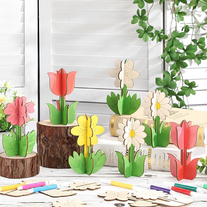 MotiMind 60 Pcs Spring Crafts Set 48 Pcs Wood Flowers to Paint Unfinished Wood Tulip Slices 3D Wooden Cutouts with 12 Colored Pens for Mother's Day Wedding Summer Crafts Tiered Tray Table Decor