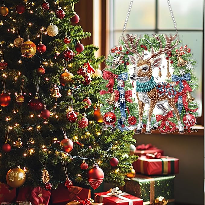 SENQAO Deer Diamond Art Hanging Kits for Adults Kids, Christmas Diamond Art Suncatchers, 5D Special Shape Diamond Painting Pendant Window Ornament Gifts for Home Garden Door Wall Decor
