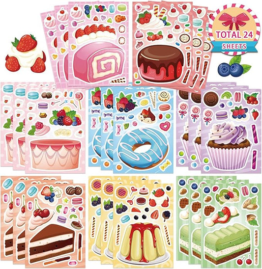 24 sheets make a cake sticker for kids, make your own dessert mix and match stickers with cupcakes, puddings, swiss rolls, fruit & sweets stickers for classroom birthday parties supplies crafts