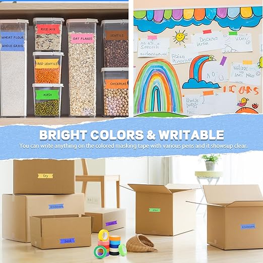 12PCS Colored Masking Tape, Colored Tape for Kids Art Supplies, DIY Craft Tape, Colored Painters Tape for Labeling, Classroom, Decorative, Rainbow Color Tape Rolls 1In x 13Yards(2.5cm x 12m)