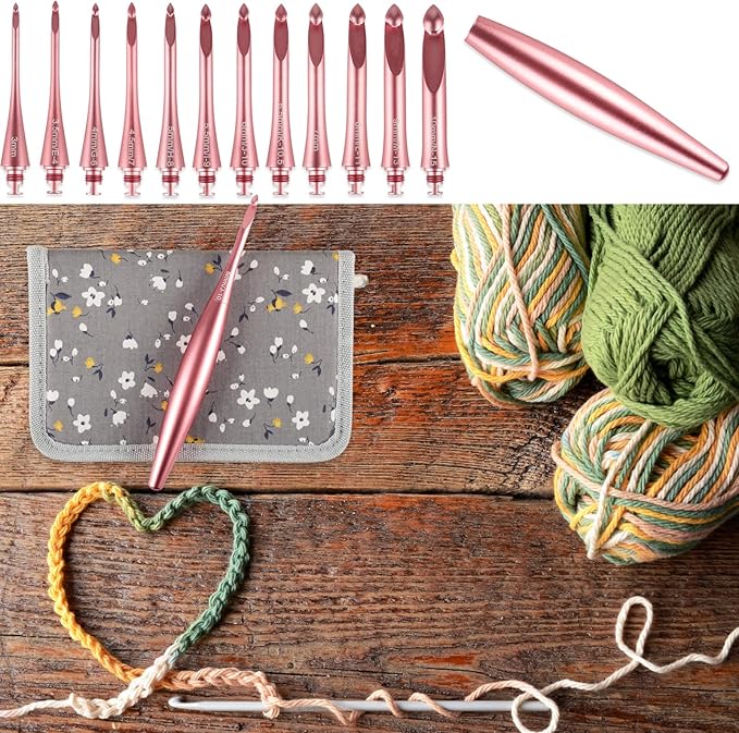 Svartur Interchangeable Crochet Hook Set with 12 Hooks – Ergonomic Crochet Hooks Large Handle, US Sizes E-4 to N-15 (3mm–10mm), Smooth & Lightweight, Crochet Kit with Storage Case, Pink