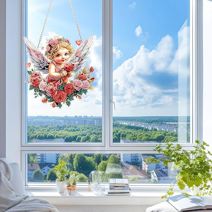 KEYIFA Angel Hanging Diamond Art Painting Kits for Adults and Kids Age 8-12, 5D Special Shape Diamond Dots Kit Rose Crystal Gem Painting Art Crafts for Window, Wall, Door, Garden Decor