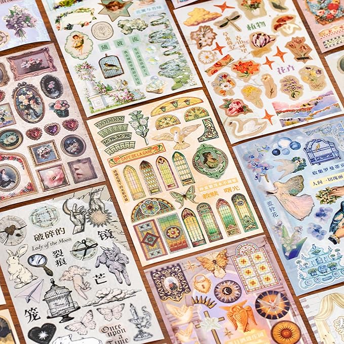 Aesthetic Die-Cut Sticker Book - 30 Sheets Matte & Tactile Finish Vintage Journaling Scrapbooking Supplies for Adults & Crafts