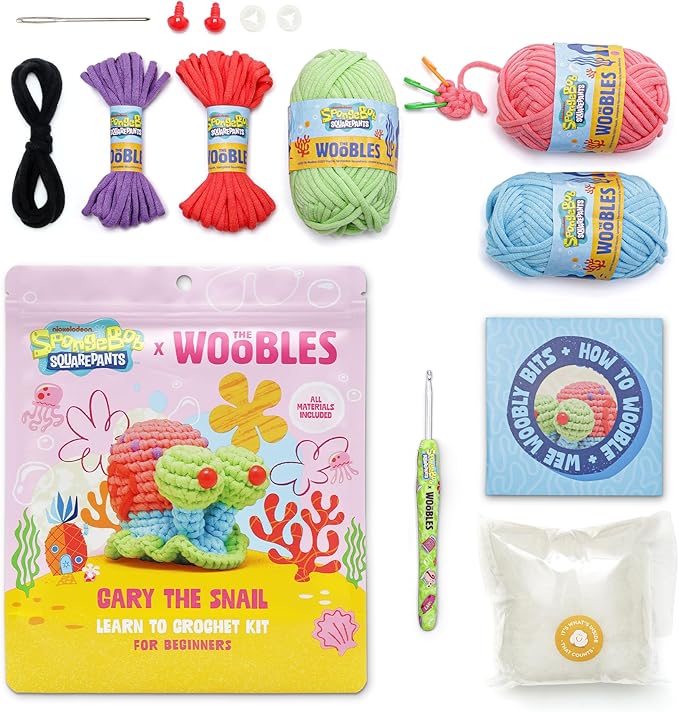 The Woobles Crochet Kit for Beginners – Spongebob Squarepants Craft Kit with Easy Peasy Yarn for Adults & Young Crafters, As Seen On Shark Tank, Step by Step Video Tutorials (Gary The Snail)