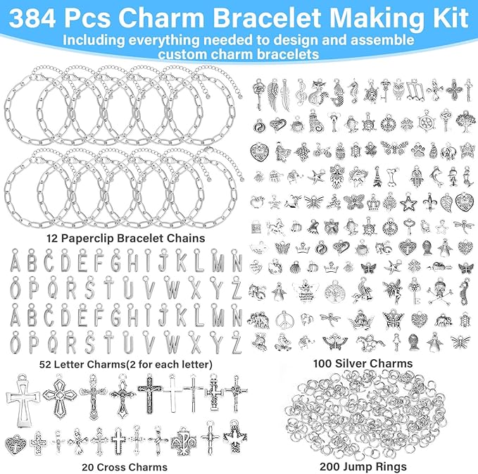 384 Pieces Silver Charm Bracelet Making Kit, Including Paperclip Chain Bracelets, Cross Charms, Jump Rings for DIY Bracelet Making