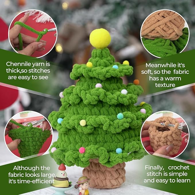 Crochet Set - Beginner Friendly Crochet Set with Step-by-Step Teaching Videos and Crochet Pattern Manuals (Ice Striped Yarn Christmas Tree)