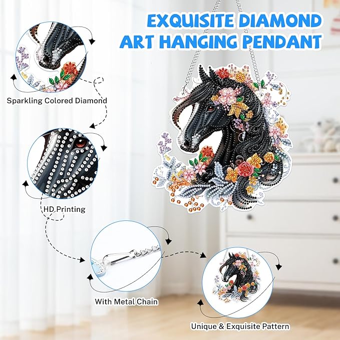 Bowetile Hanging Diamond Art Horse Kits for Adults, 5D Special Shape Diamond Painting Horse Kits, Animal Diamond Gem Art Suncatchers Painting Pendant Ornament for Home Garden Wall Decor